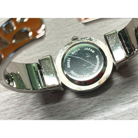 JB Womens Wrist Watch Cuff Bracelet Leopard Print Enamel Silver Tone Quartz - Picture 4 of 10